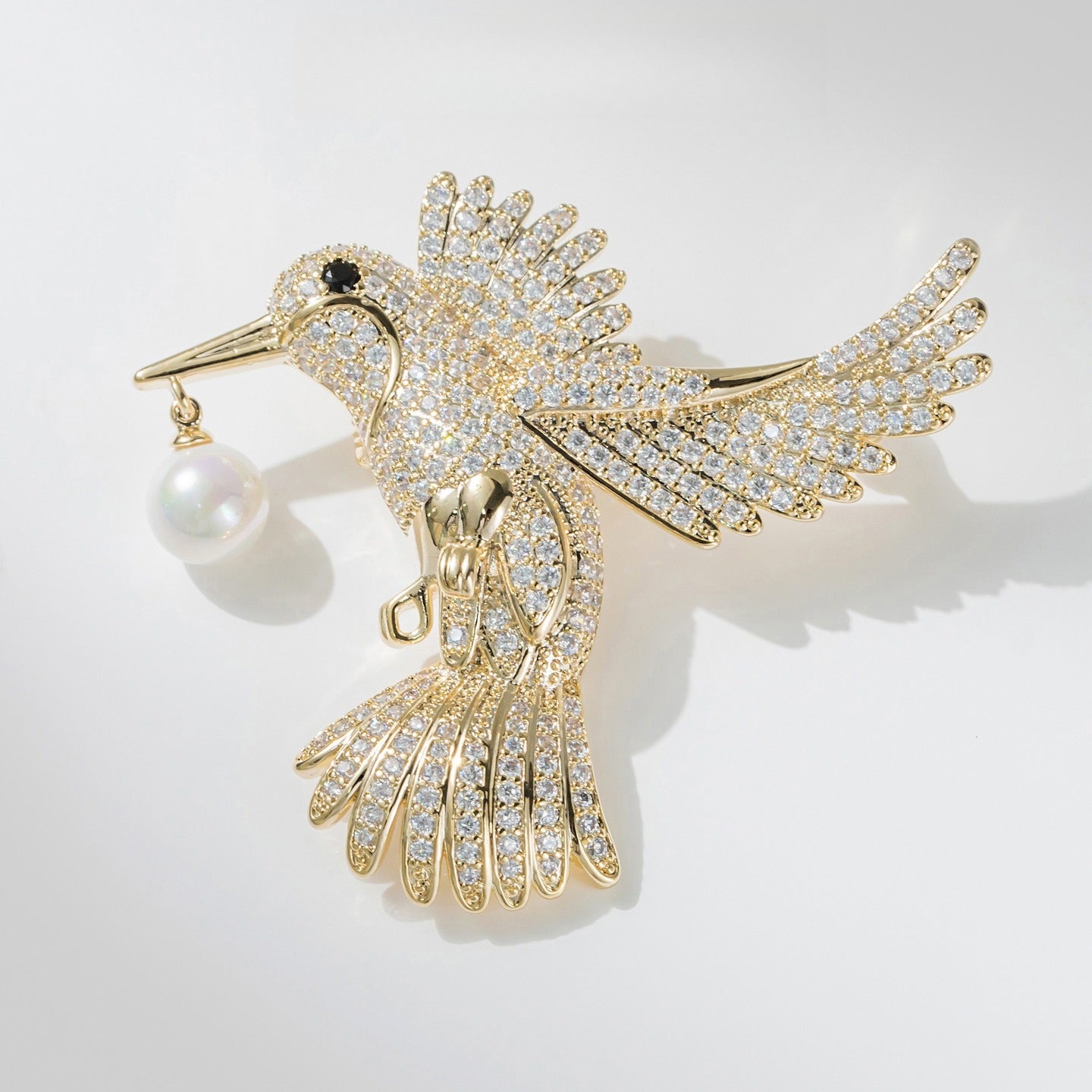 Silver White Pearl Hummingbird Brooch with Diamonds
