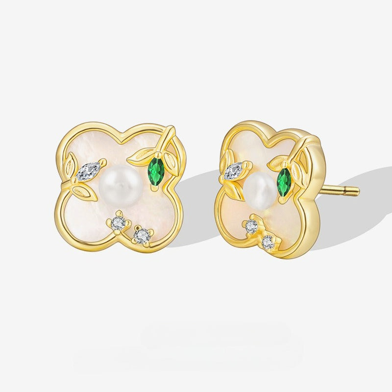 INS Hot-selling 925 Sterling Silver Lucky Grass Pearl Stud Earrings Women's Niche Design High-end Light Luxury Earrings