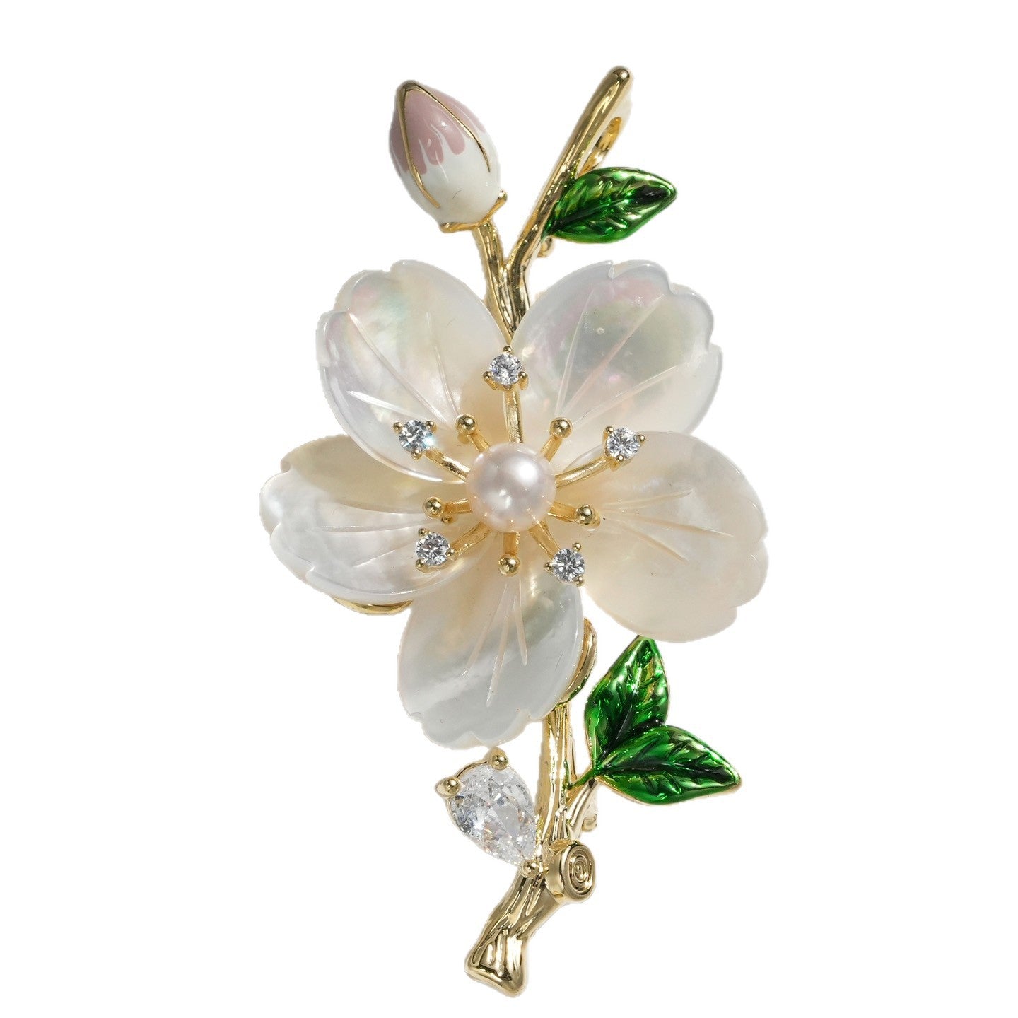 Natural Freshwater Pearl & Mother-of-Pearl Azalea Brooch – Enamel Floral Pin