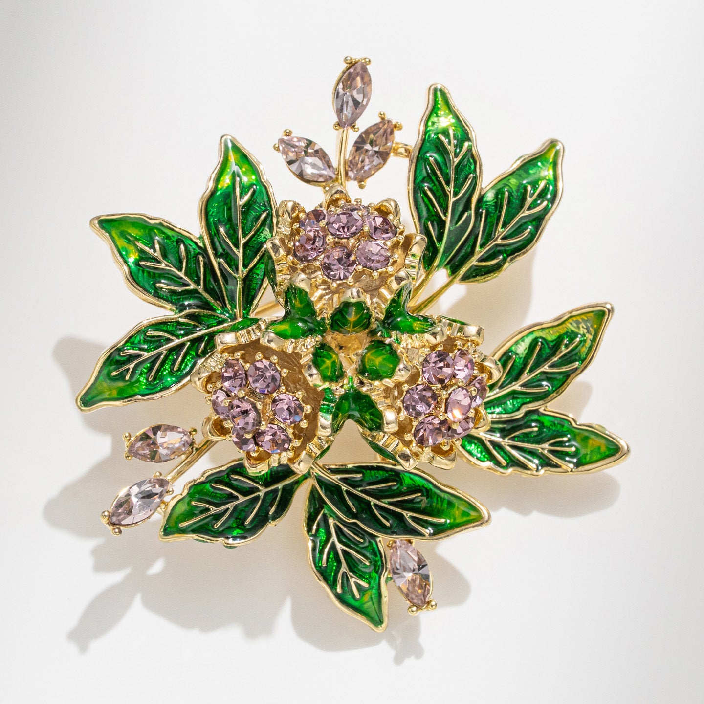 Enamel Gardenia Flower Brooch – Amethyst & Zircon Copper Floral Pin