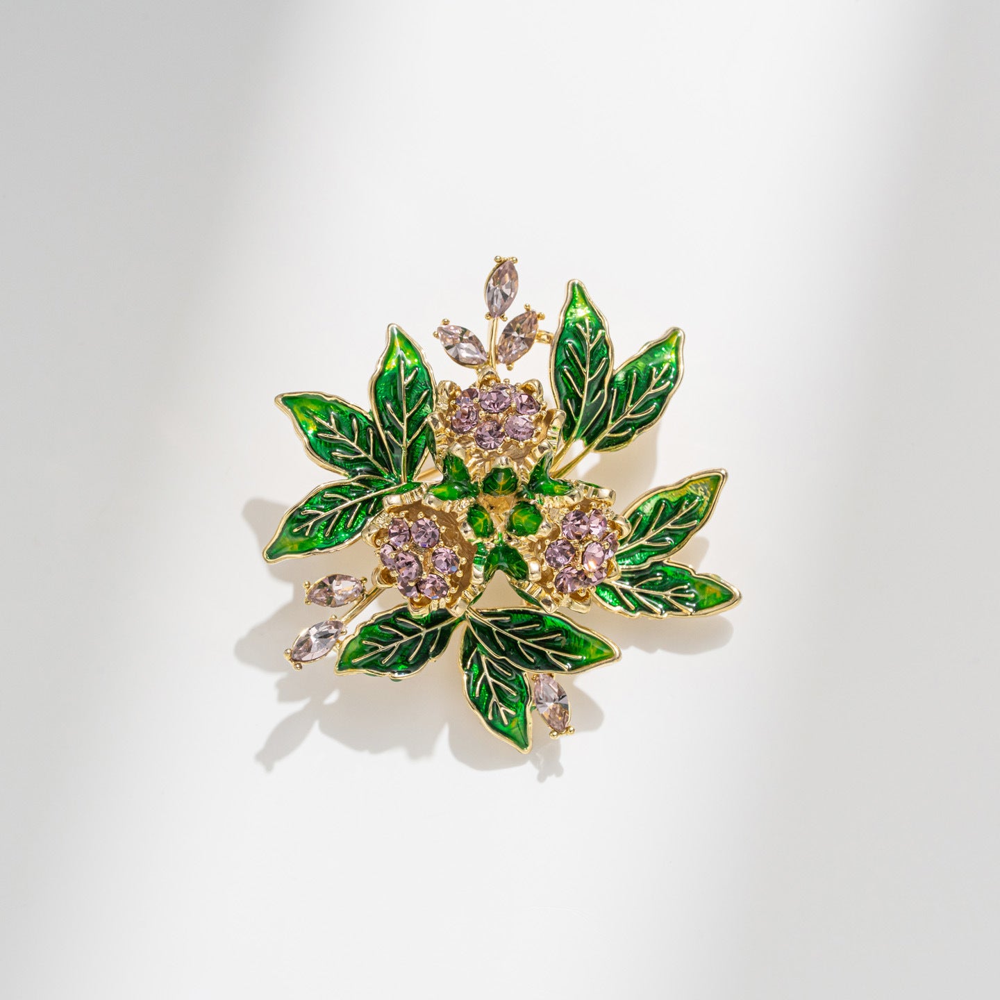 Enamel Gardenia Flower Brooch – Amethyst & Zircon Copper Floral Pin