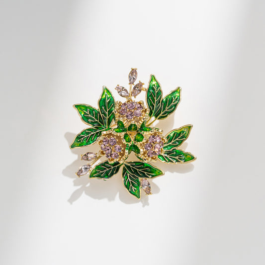 Enamel Gardenia Flower Brooch – Amethyst & Zircon Copper Floral Pin