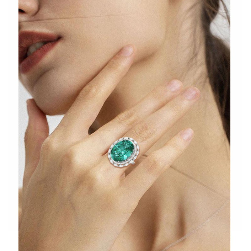 Dapaza S925 Sterling Silver Ring High Luxury Ice Flower Cut Open Ring Green Diamond Ring Women's Fashion Ring