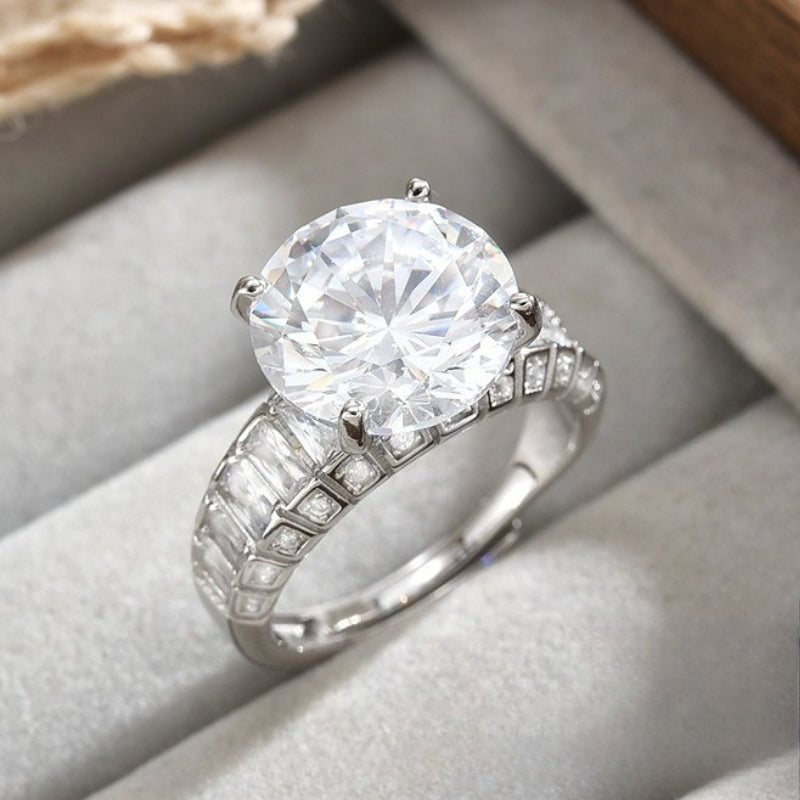 High-end French Super Flash Bright Mozzarella Diamond Large Carat Round S925 Sterling Silver Ring Light Luxury Open Women's Ring