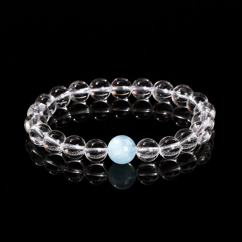 Buddha Life 7A Natural White Crystal, Aquamarine Top Bead Bracelet for Men and Women