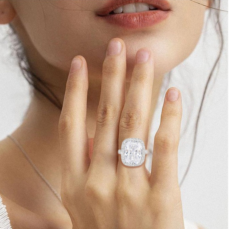 European Court Style Bright Shining Sugar Cube Ring 925 Sterling Silver Open Ring Luxury Diamond Ring Adjustable Ring