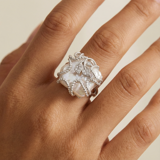 S925 Sterling Silver Baroque Pearl Ring – Geometric Square Open Adjustable Ring for Women