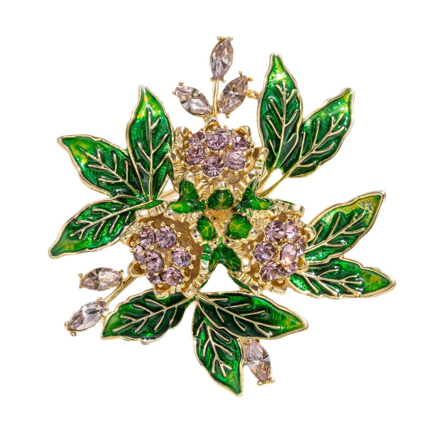 Enamel Gardenia Flower Brooch – Amethyst & Zircon Copper Floral Pin