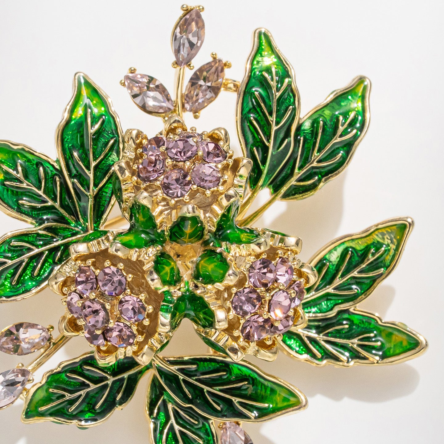 Enamel Gardenia Flower Brooch – Amethyst & Zircon Copper Floral Pin