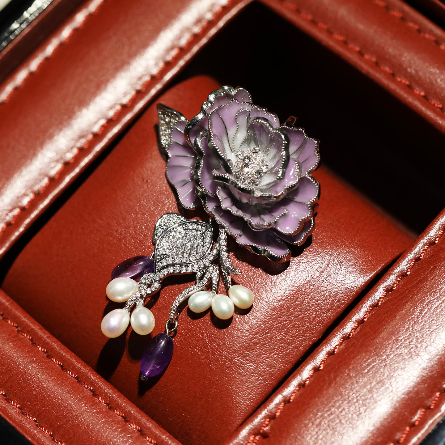 Luxury Purple Rose Enamel Brooch with Pearl & Amethyst