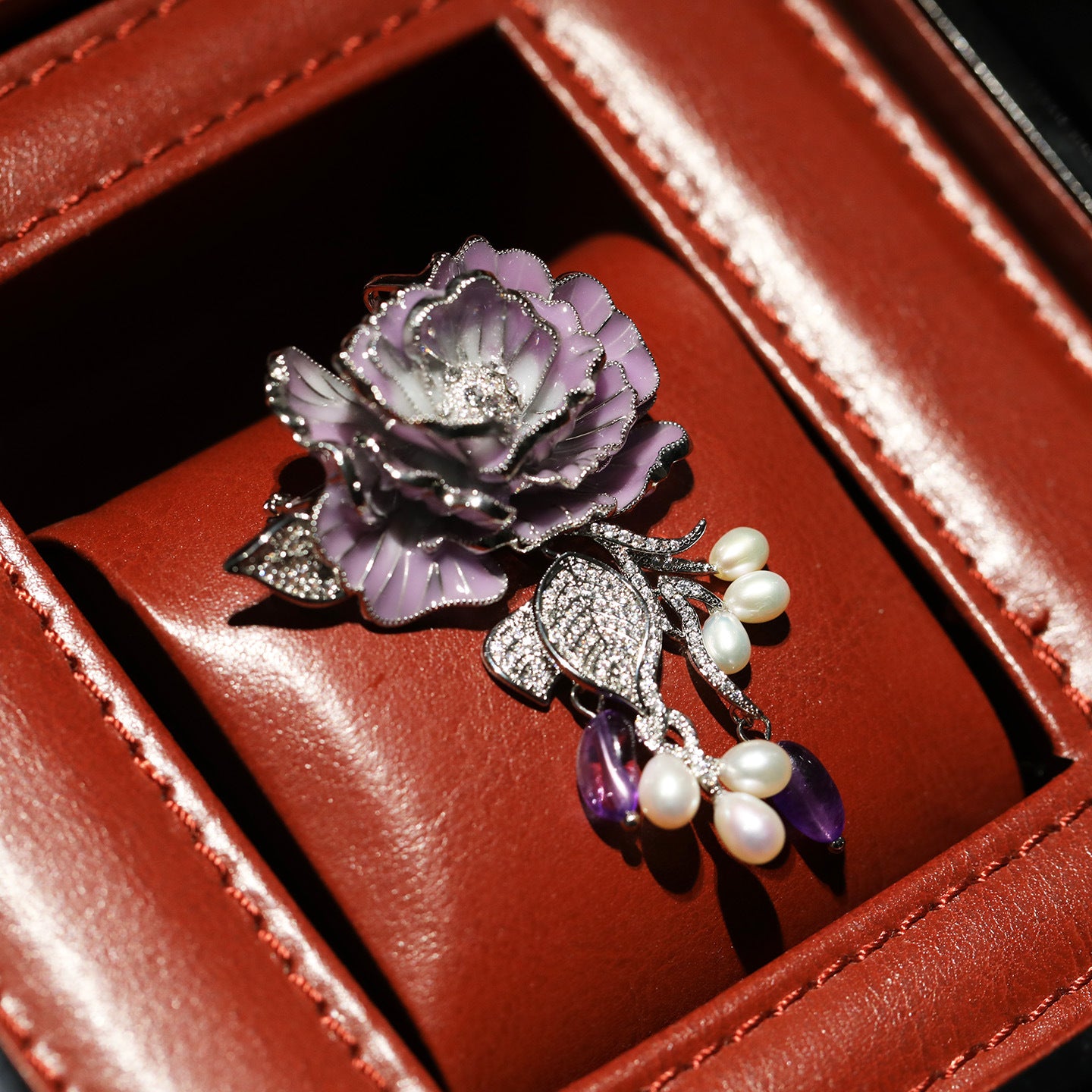 Luxury Purple Rose Enamel Brooch with Pearl & Amethyst