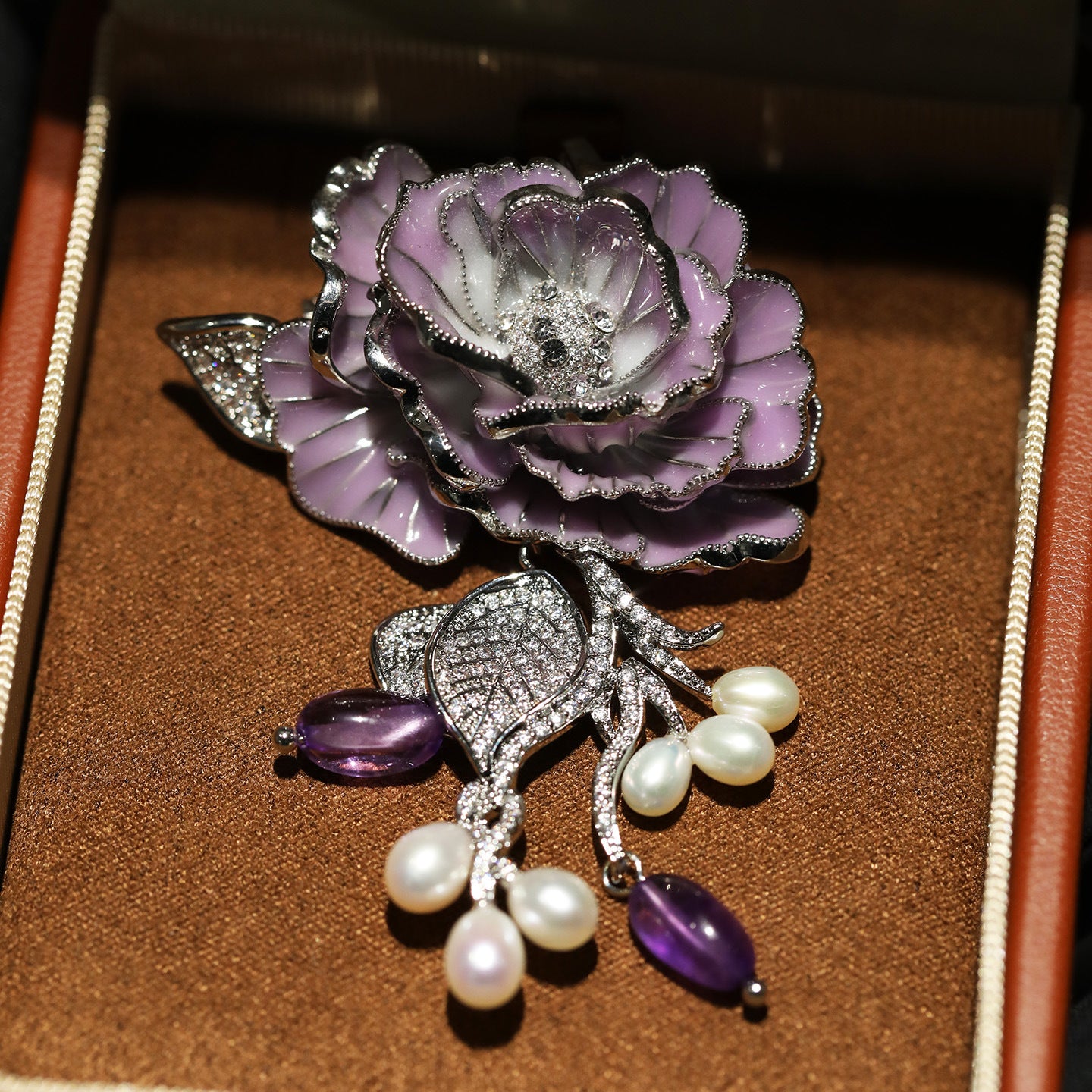 Luxury Purple Rose Enamel Brooch with Pearl & Amethyst