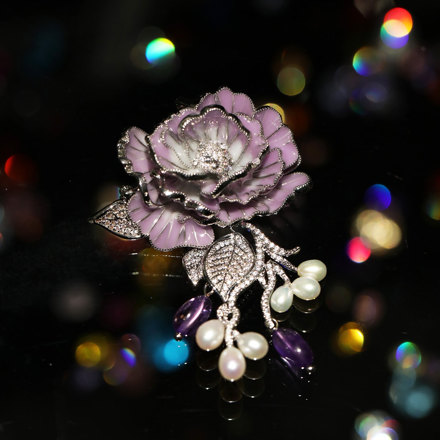 Luxury Purple Rose Enamel Brooch with Pearl & Amethyst