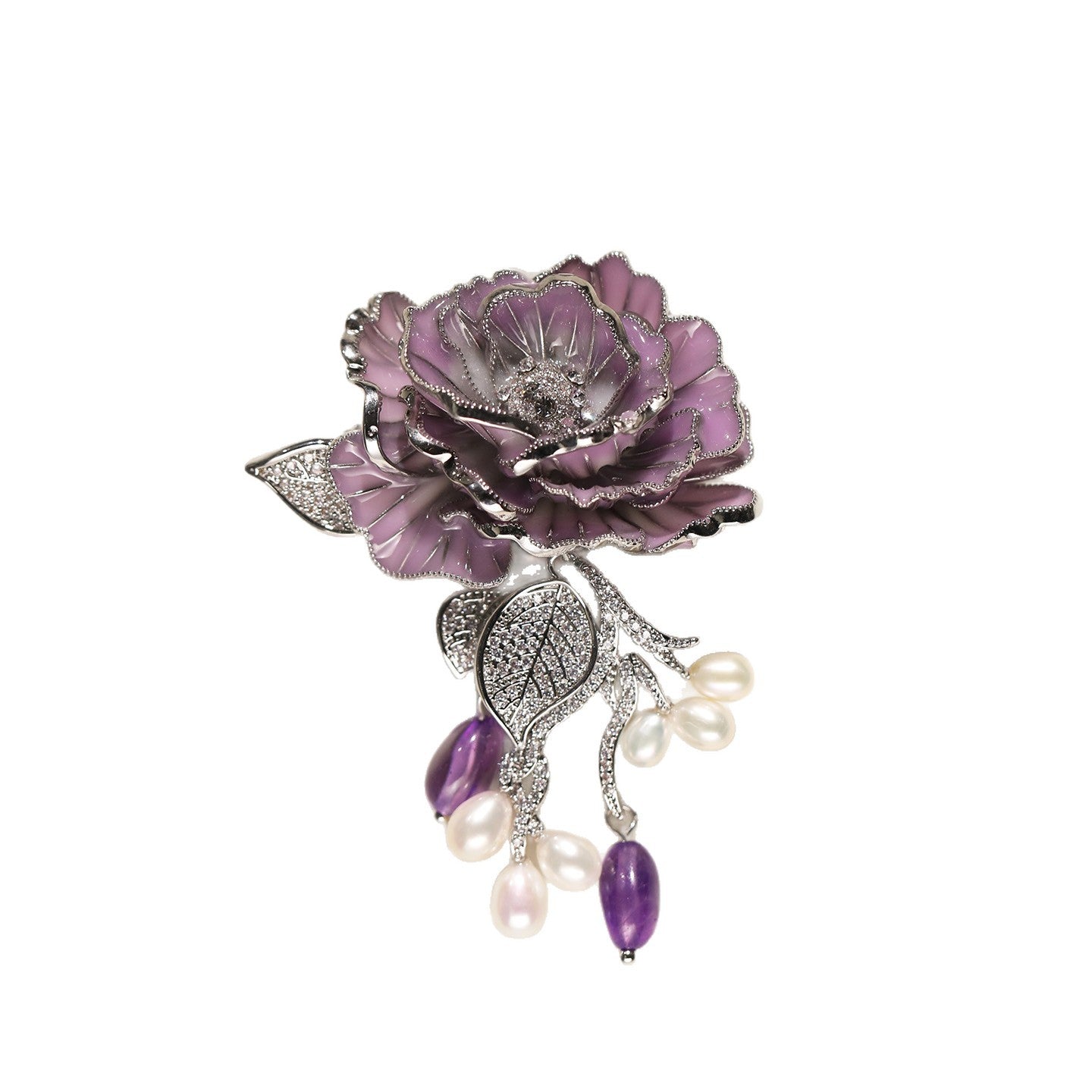 Luxury Purple Rose Enamel Brooch with Pearl & Amethyst