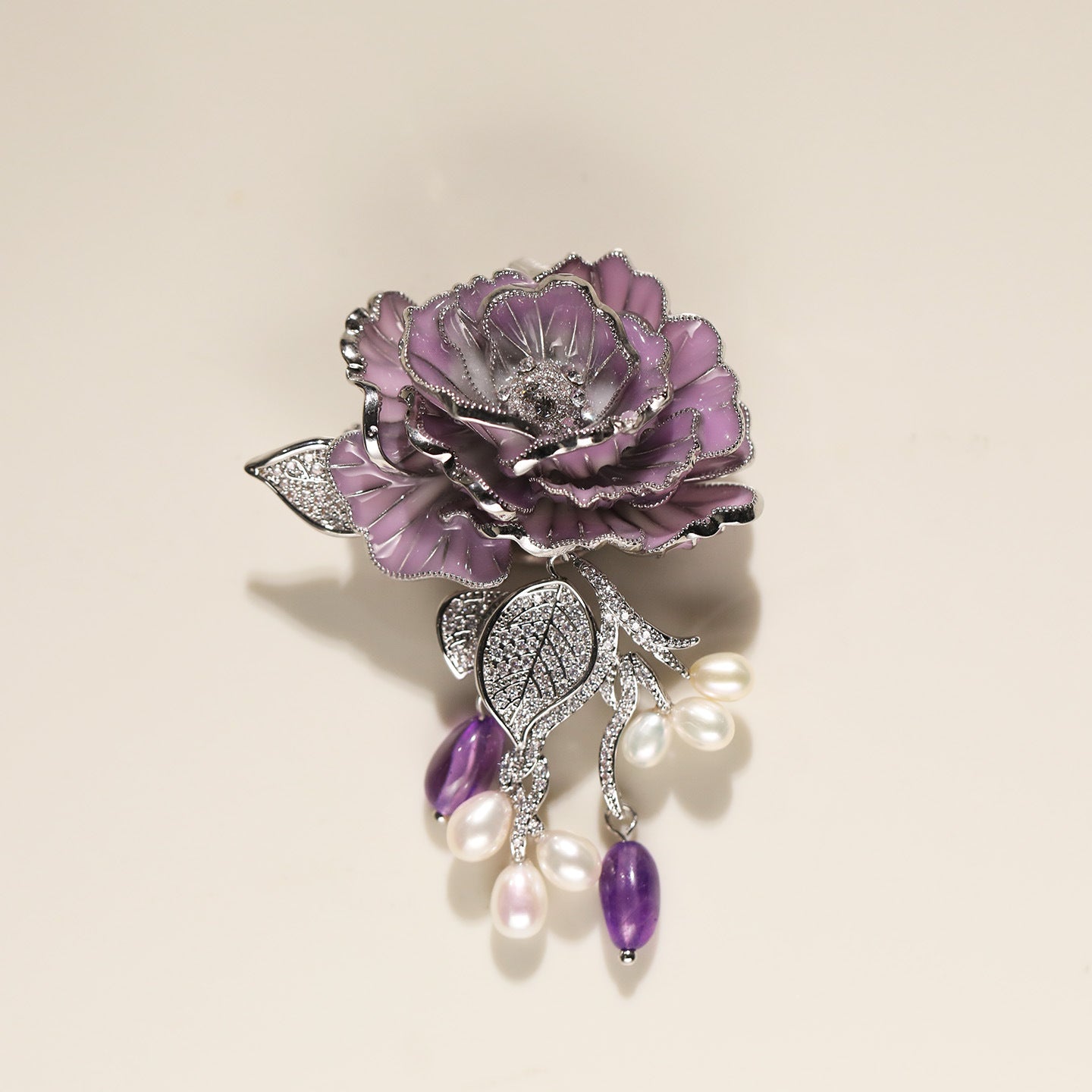Luxury Purple Rose Enamel Brooch with Pearl & Amethyst