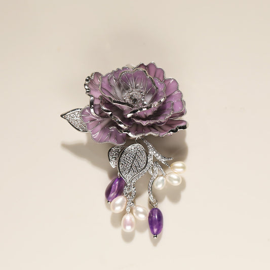 Luxury Purple Rose Enamel Brooch with Pearl & Amethyst