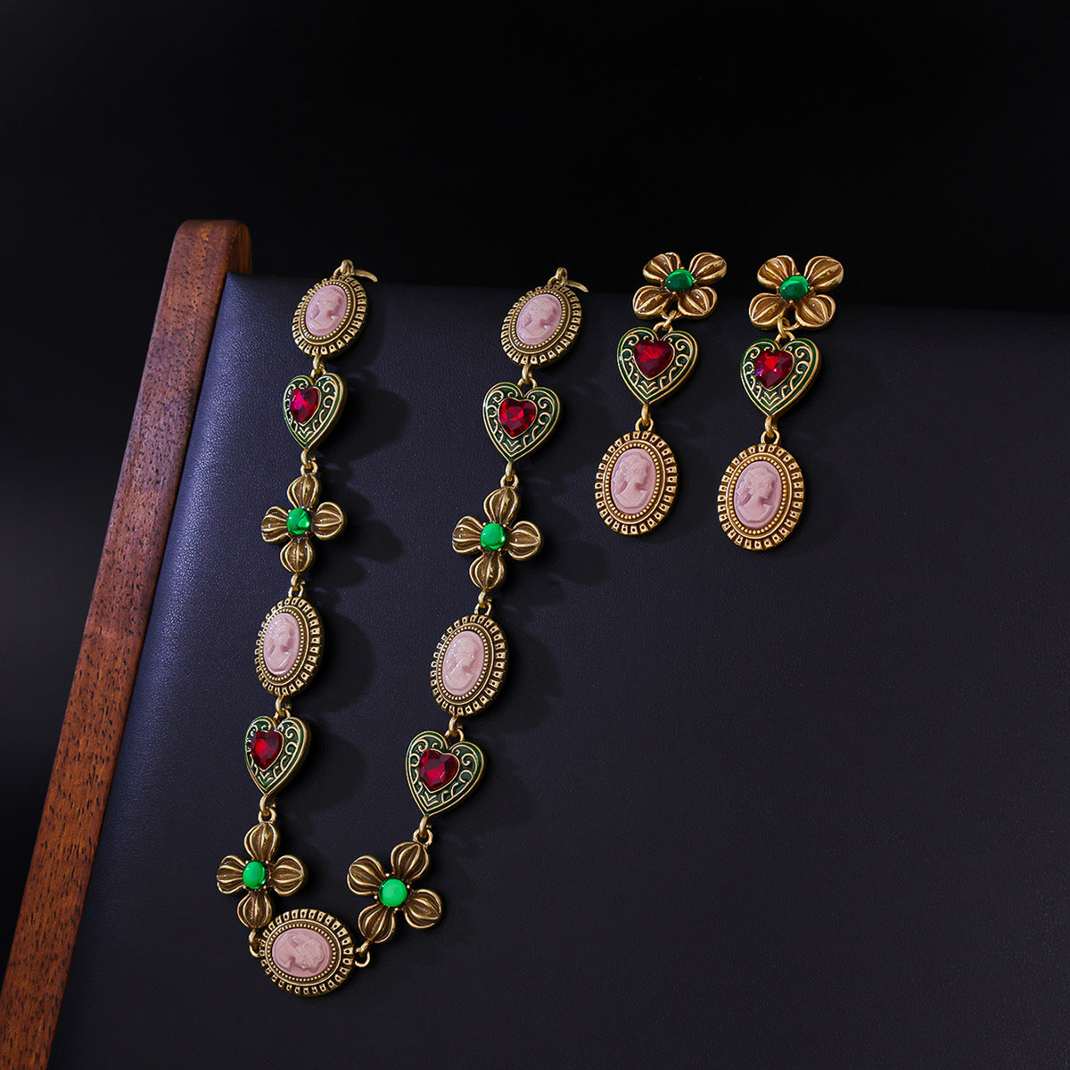 Vintage Floral Necklace & Earring Set – Antique Gold Enamel Statement Jewelry Set