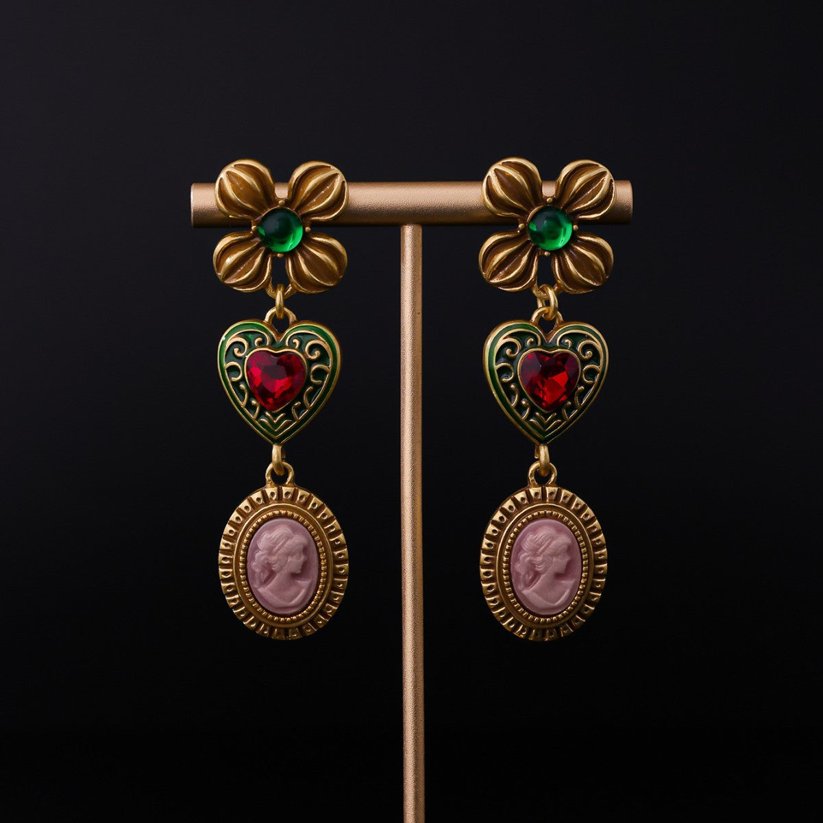 Vintage Floral Necklace & Earring Set – Antique Gold Enamel Statement Jewelry Set