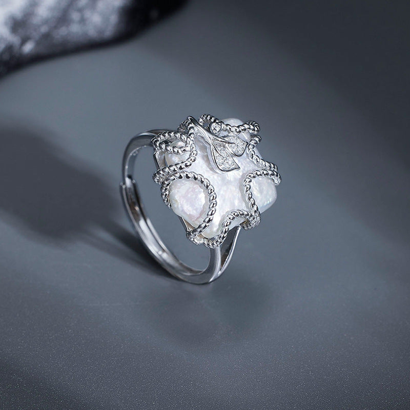 S925 Sterling Silver Baroque Pearl Ring – Geometric Square Open Adjustable Ring for Women