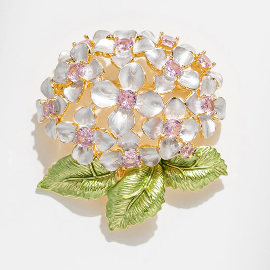 Vintage Enamel Hydrangea Brooch – Crystal & Zircon Copper Floral Pin