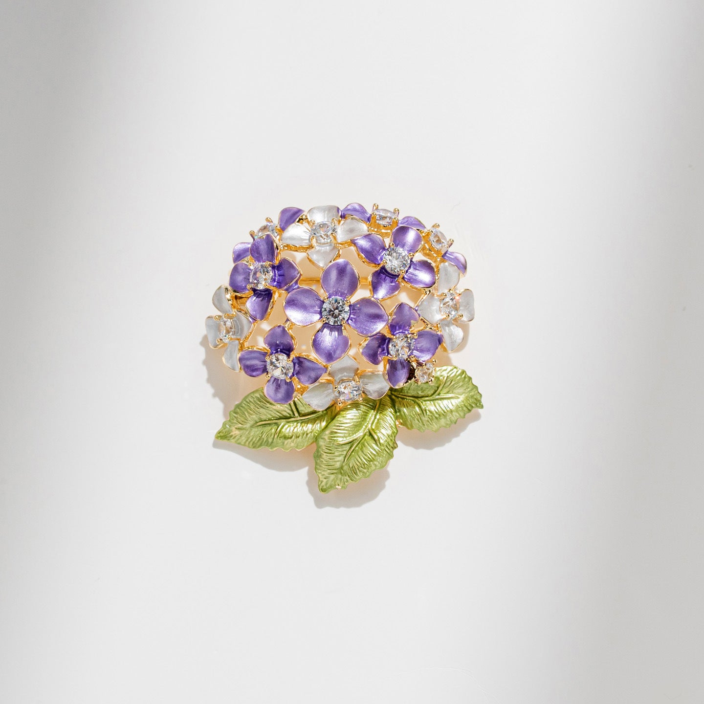 Vintage Enamel Hydrangea Brooch – Crystal & Zircon Copper Floral Pin
