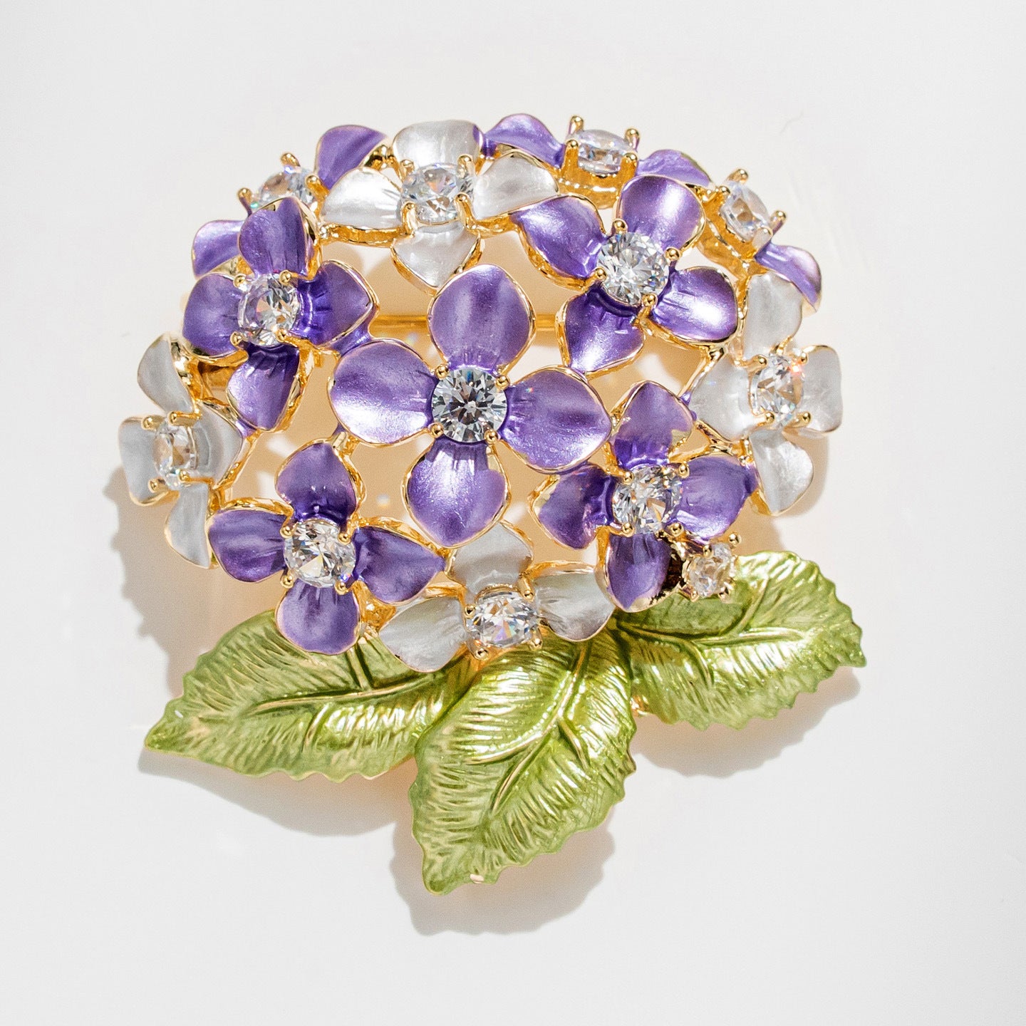 Vintage Enamel Hydrangea Brooch – Crystal & Zircon Copper Floral Pin