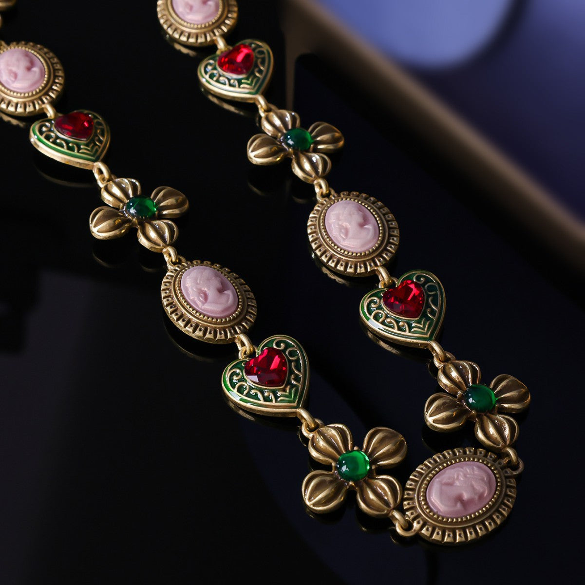 Vintage Floral Necklace & Earring Set – Antique Gold Enamel Statement Jewelry Set