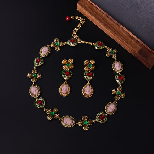 Vintage Floral Necklace & Earring Set – Antique Gold Enamel Statement Jewelry Set