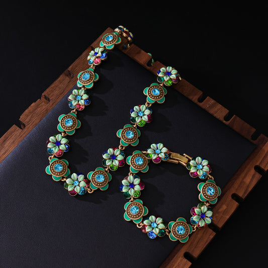Vintage Royal Floral Jewelry Set – Enamel Gold Necklace, Bracelet & Earrings
